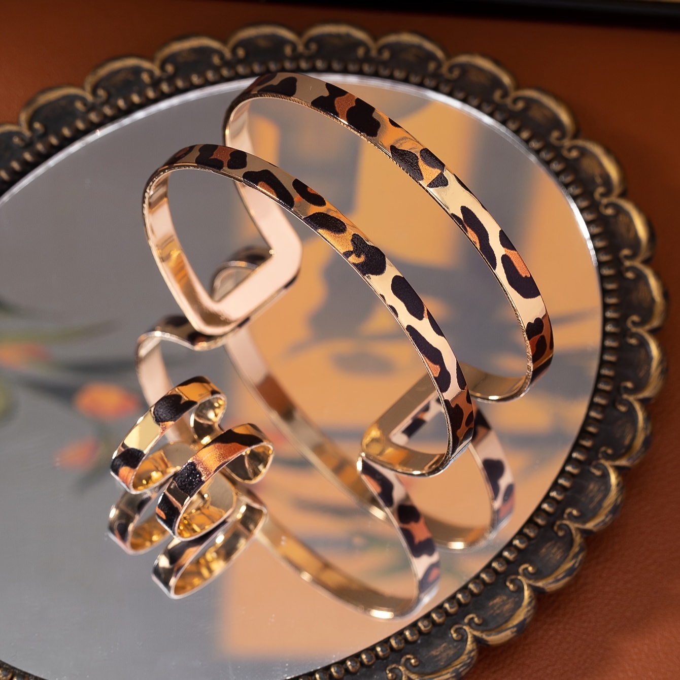 Boho Style Iron Cuff & Ring Set Leopard Pattern Cutout